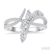 7/8 Ctw Split Bypass Shank Mixed Diamond Cut Fashion Ring in 14K White Gold